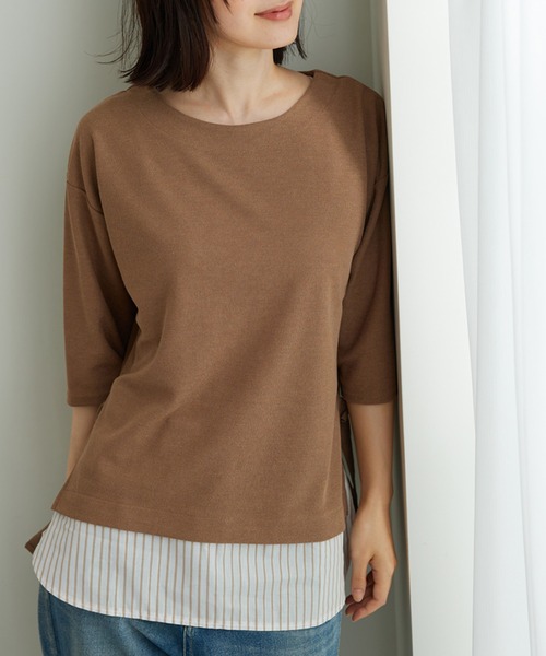 BELLUNA PLUS(ベルーナ)の「ラメストライプシャツフェイクチュニック(チュニック・レディース・ネイビー系/レッド系その他/モカ・MEDIUM/X-LARGE/LARGE)」の10枚目の写真