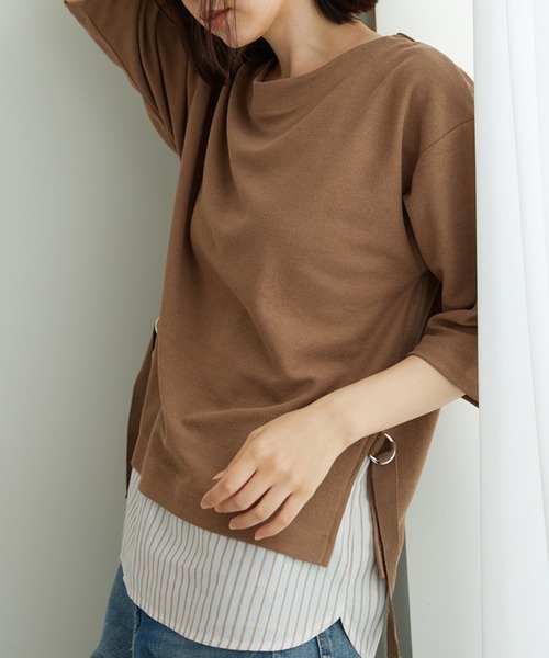 BELLUNA PLUS(ベルーナ)の「ラメストライプシャツフェイクチュニック(チュニック・レディース・ネイビー系/レッド系その他/モカ・MEDIUM/X-LARGE/LARGE)」の11枚目の写真