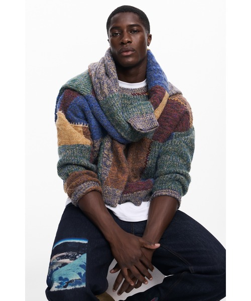 Desigual（デシグアル）の「パッチワーク配色厚手長袖ニットセーター（ニット/セーター・メンズ・ホワイト・S/M/L/XL）」の3枚目の写真