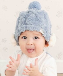 SLAP SLIP BABY（スラップスリップベビー）の「【お揃い】花星フワフワモチーフ耳当て付きボンボンニット帽ベビー(44~48cm)（その他ベビー用品）」