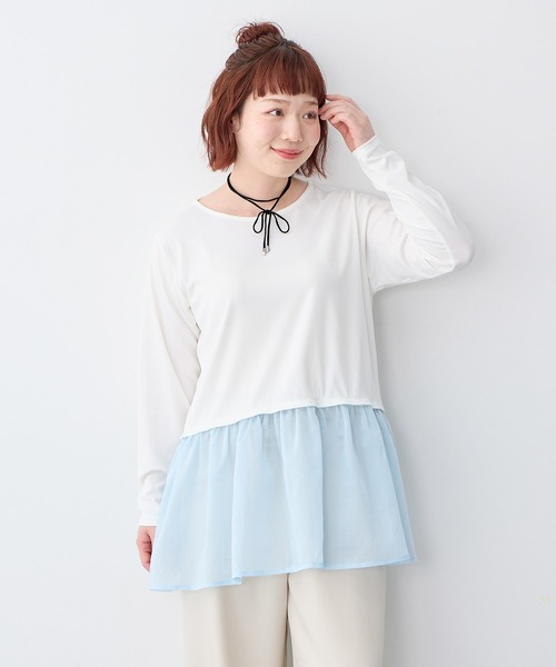 anyfee(エニフィー)の「【anyfee/大きいサイズ】シアードッキング長袖レイヤードTシャツ/チュニック《ニット別売り》(Tシャツ/カットソー・レディース・アイボリー/サックスブルー・3L/5L/LL/4L)」の2枚目の写真