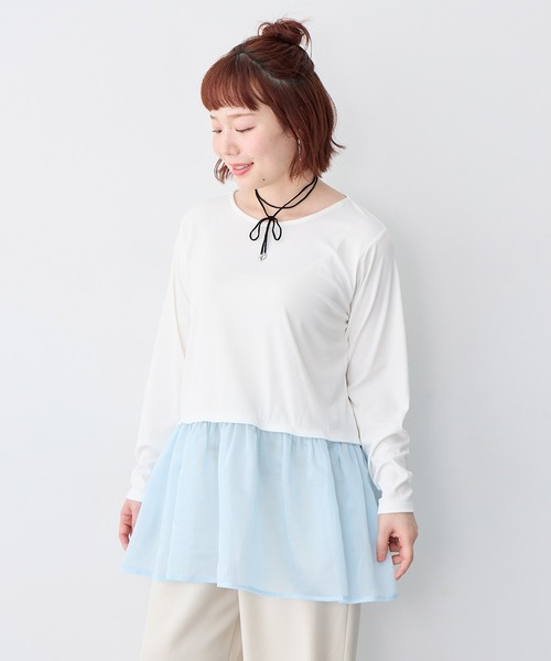 anyfee(エニフィー)の「【anyfee/大きいサイズ】シアードッキング長袖レイヤードTシャツ/チュニック《ニット別売り》(Tシャツ/カットソー・レディース・アイボリー/サックスブルー・3L/5L/LL/4L)」の19枚目の写真