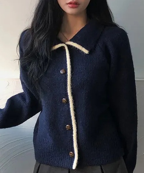 HALEY PESCA（ヘーリーペスカ）の「HALEY PESCA/襟付き　バイカラーフレンチニットカーディガン（カーディガン/ボレロ・レディース・アイボリー/グレー/ネイビー・FREE）」の3枚目の写真