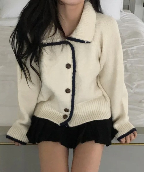 HALEY PESCA（ヘーリーペスカ）の「HALEY PESCA/襟付き　バイカラーフレンチニットカーディガン（カーディガン/ボレロ・レディース・アイボリー/グレー/ネイビー・FREE）」の2枚目の写真