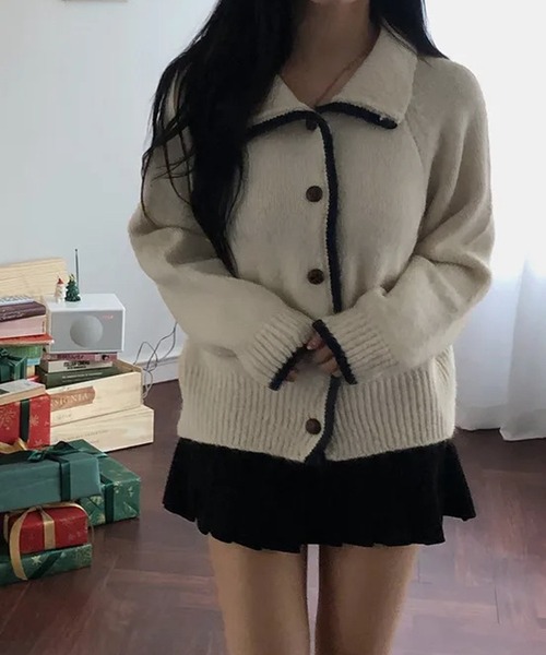 HALEY PESCA（ヘーリーペスカ）の「HALEY PESCA/襟付き　バイカラーフレンチニットカーディガン（カーディガン/ボレロ・レディース・アイボリー/グレー/ネイビー・FREE）」の5枚目の写真