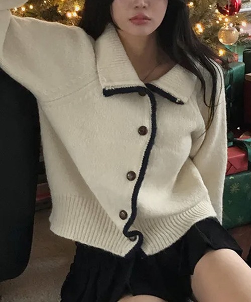 HALEY PESCA（ヘーリーペスカ）の「HALEY PESCA/襟付き　バイカラーフレンチニットカーディガン（カーディガン/ボレロ・レディース・アイボリー/グレー/ネイビー・FREE）」の7枚目の写真