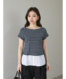 HANDO（ハンド）の「レイヤード風ボーダートップス 半袖 きれいめカジュアル クルーネック オフィスカジュアル 韓国（Tシャツ/カットソー）」