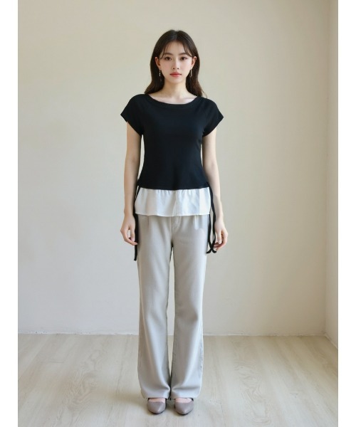 HANDO(ハンド)の「レイヤード風ボーダートップス 半袖 きれいめカジュアル クルーネック オフィスカジュアル 韓国(Tシャツ/カットソー・レディース・ブラック/ネイビー・F)」の8枚目の写真