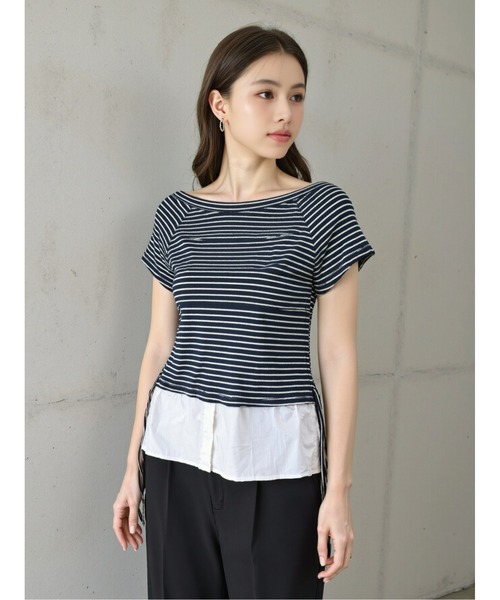 HANDO(ハンド)の「レイヤード風ボーダートップス 半袖 きれいめカジュアル クルーネック オフィスカジュアル 韓国(Tシャツ/カットソー・レディース・ブラック/ネイビー・F)」の9枚目の写真