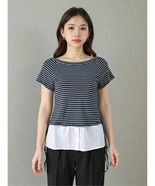 HANDO(ハンド)の「レイヤード風ボーダートップス 半袖 きれいめカジュアル クルーネック オフィスカジュアル 韓国(Tシャツ/カットソー・レディース・ブラック/ネイビー・F)」の10枚目の写真