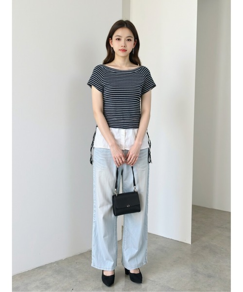 HANDO(ハンド)の「レイヤード風ボーダートップス 半袖 きれいめカジュアル クルーネック オフィスカジュアル 韓国(Tシャツ/カットソー・レディース・ブラック/ネイビー・F)」の15枚目の写真