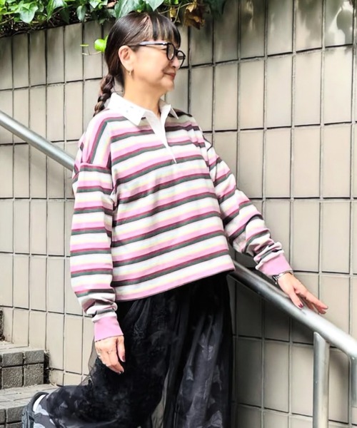 H.A.K(ハク)の「衿クリスタルビジュー クロップドラガーシャツ(Tシャツ/カットソー・レディース・ピンク/杢グレー・FREE)」の1枚目の写真