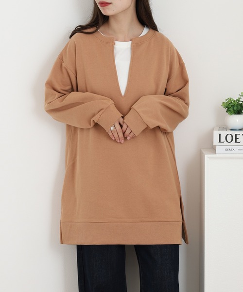 OMNES(オムネス)の「裏毛深Vネックオーバーサイズチュニックアンサンブル(Tシャツ/カットソー・レディース・グレイッシュベージュ/ブラック/ミント/ベージュ・FREE)」の3枚目の写真