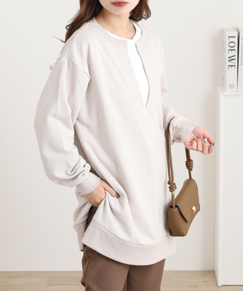 OMNES(オムネス)の「裏毛深Vネックオーバーサイズチュニックアンサンブル(Tシャツ/カットソー・レディース・グレイッシュベージュ/ブラック/ミント/ベージュ・FREE)」の14枚目の写真