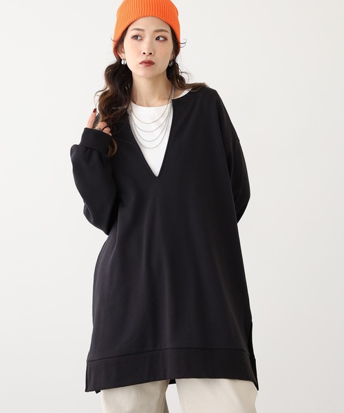 OMNES(オムネス)の「裏毛深Vネックオーバーサイズチュニックアンサンブル(Tシャツ/カットソー・レディース・グレイッシュベージュ/ブラック/ミント/ベージュ・FREE)」の10枚目の写真