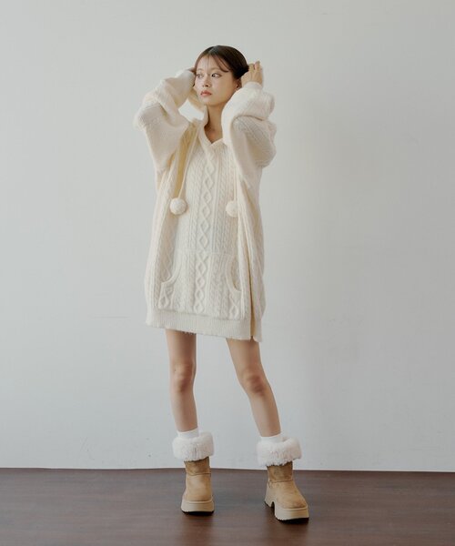 chico フードケーブルミニニットワンピース セール】フードケーブルミニニットワンピース（ワンピース）｜Chico