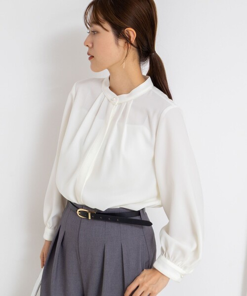 セール】ウォッシャブルバックサテンパール釦タックブラウス（シャツ
