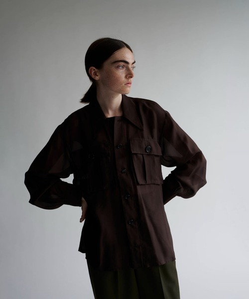 INSCRIRE(アンスクリア)の「Sheer Satin Millitary Jacket/ミリタリー/ワークジャケット/シアー素材/INSCRIRE-(ブルゾン・メンズ・ブラウン/ブラック・3/2)」の15枚目の写真
