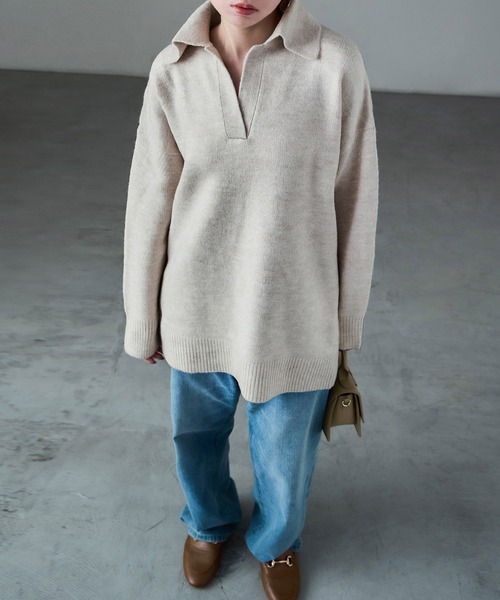 Fashion Letter(ファッションレター)の「天竺ニット スキッパープルオーバー(ニット/セーター・レディース・ネイビー/オートミール/グレイッシュベージュ・M)」の2枚目の写真