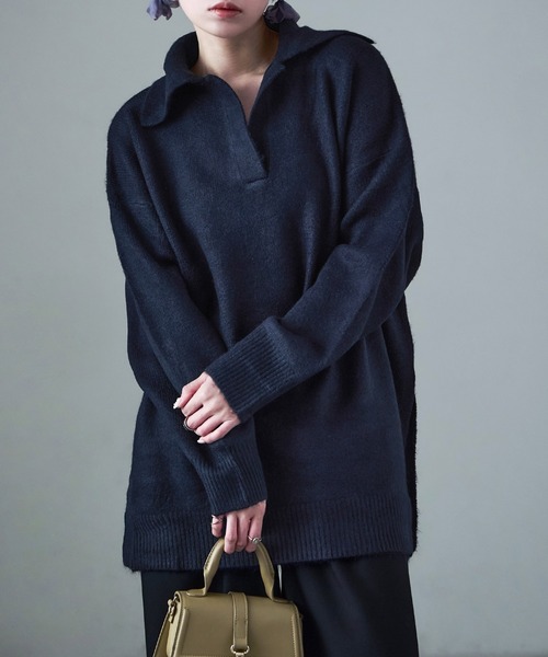 Fashion Letter(ファッションレター)の「天竺ニット スキッパープルオーバー(ニット/セーター・レディース・ネイビー/オートミール/グレイッシュベージュ・M)」の1枚目の写真