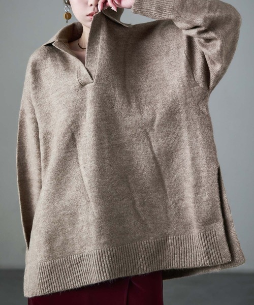 Fashion Letter(ファッションレター)の「天竺ニット スキッパープルオーバー(ニット/セーター・レディース・ネイビー/オートミール/グレイッシュベージュ・M)」の3枚目の写真