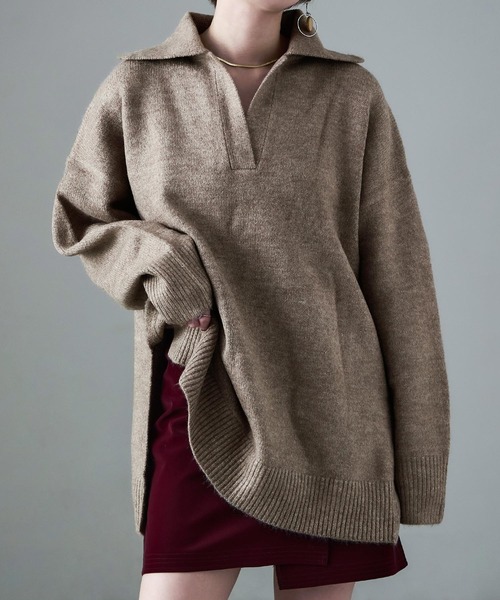 Fashion Letter(ファッションレター)の「天竺ニット スキッパープルオーバー(ニット/セーター・レディース・ネイビー/オートミール/グレイッシュベージュ・M)」の5枚目の写真