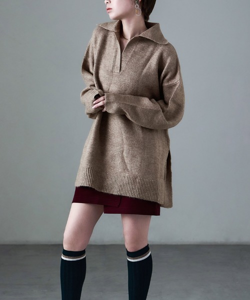 Fashion Letter(ファッションレター)の「天竺ニット スキッパープルオーバー(ニット/セーター・レディース・ネイビー/オートミール/グレイッシュベージュ・M)」の6枚目の写真
