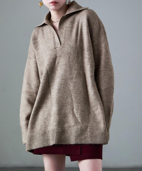 Fashion Letter(ファッションレター)の「天竺ニット スキッパープルオーバー(ニット/セーター・レディース・ネイビー/オートミール/グレイッシュベージュ・M)」の7枚目の写真