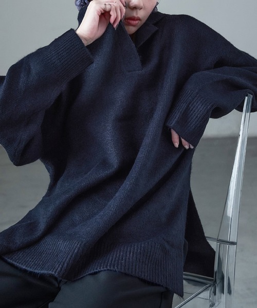 Fashion Letter(ファッションレター)の「天竺ニット スキッパープルオーバー(ニット/セーター・レディース・ネイビー/オートミール/グレイッシュベージュ・M)」の12枚目の写真