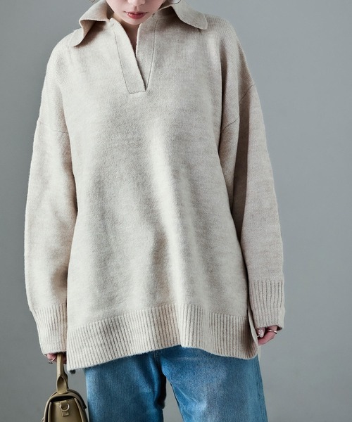 Fashion Letter(ファッションレター)の「天竺ニット スキッパープルオーバー(ニット/セーター・レディース・ネイビー/オートミール/グレイッシュベージュ・M)」の20枚目の写真