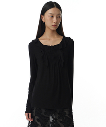 MILLO WOMEN（ミロウーマン）の「Ruffle Shirring T-Shirts [Black]（Tシャツ/カットソー・レディース）」