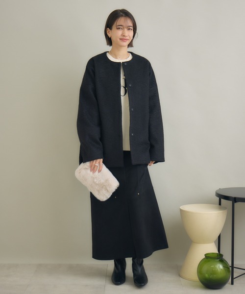 KATHARINE ROSS（キャサリンロス）の「【KATHARINE ROSS】ブークレノーカラーミドルコート（ノーカラーコート・レディース・ブラック/オフホワイト・FREE）」の19枚目の写真
