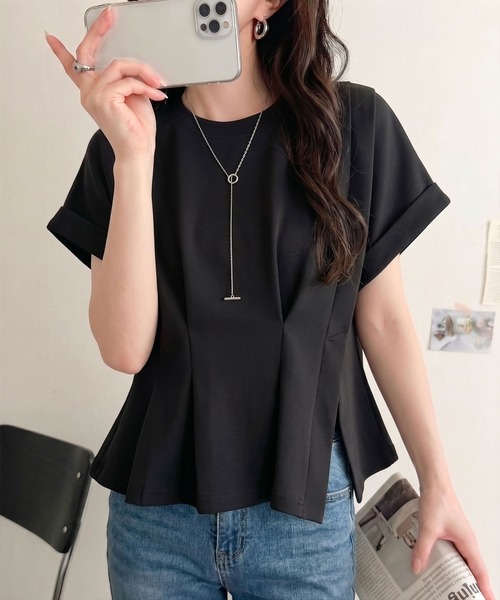 mily bilet(ミウィビレット)の「【mily bilet】ウエストラインを細魅せ♪スリット入りタックデザインカットソートップス(半袖)(Tシャツ/カットソー・レディース・イエロー/ブラック/ホワイト/杢グレー・X-LARGE/SMALL/MEDIUM/LARGE)」の2枚目の写真
