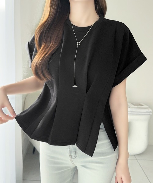 mily bilet(ミウィビレット)の「【mily bilet】ウエストラインを細魅せ♪スリット入りタックデザインカットソートップス(半袖)(Tシャツ/カットソー・レディース・イエロー/ブラック/ホワイト/杢グレー・X-LARGE/SMALL/MEDIUM/LARGE)」の9枚目の写真
