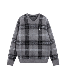 CHECK PATTERN HAIRY SWEATER - GREY