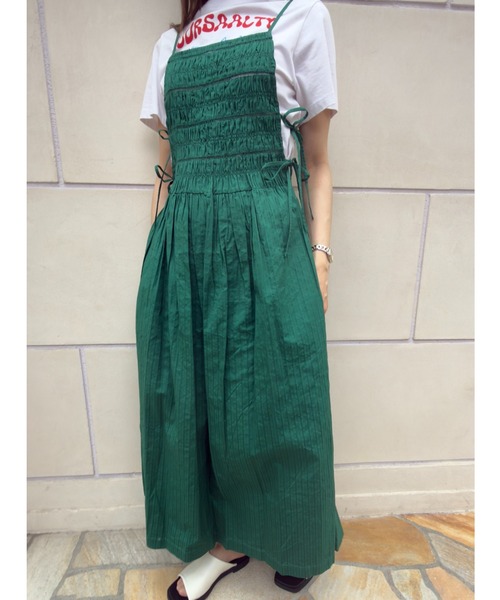 sara mallika(サラ マリカ)の「COTTON STRIPE JAQUARD SHIRRING DRESS(ワンピース・レディース・グリーン/イエロー・FREE)」の2枚目の写真