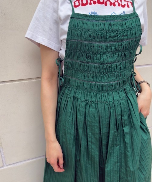 sara mallika(サラ マリカ)の「COTTON STRIPE JAQUARD SHIRRING DRESS(ワンピース・レディース・グリーン/イエロー・FREE)」の4枚目の写真