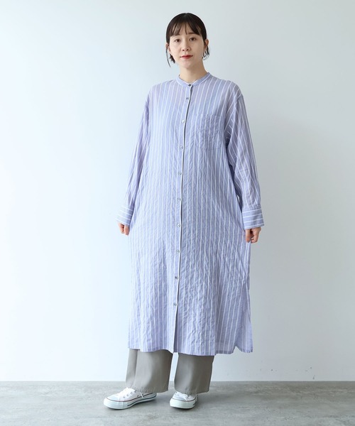 yuni（ユニ　）の「●キュプラポリエステルコットン stripe シャツワンピース（シャツワンピース・レディース・グリーン/アイボリー/パープル・FREE）」の3枚目の写真