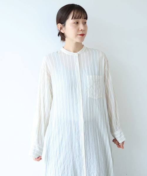 yuni（ユニ　）の「●キュプラポリエステルコットン stripe シャツワンピース（シャツワンピース・レディース・グリーン/アイボリー/パープル・FREE）」の2枚目の写真