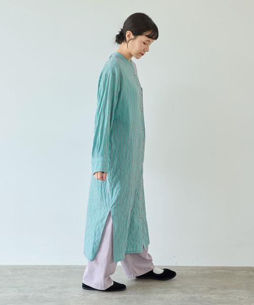 yuni（ユニ　）の「●キュプラポリエステルコットン stripe シャツワンピース（シャツワンピース・レディース・グリーン/アイボリー/パープル・FREE）」の14枚目の写真