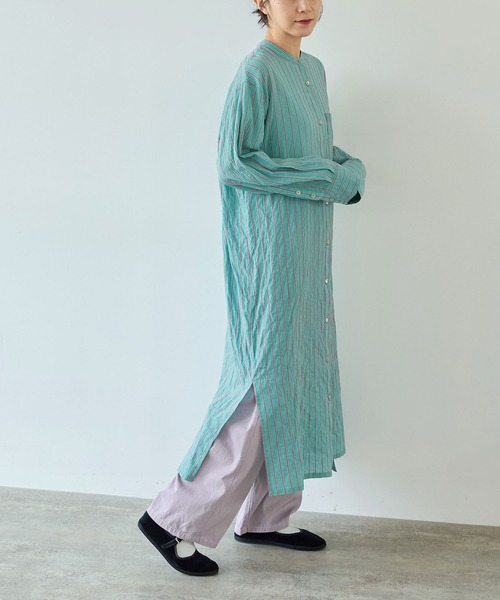 yuni（ユニ　）の「●キュプラポリエステルコットン stripe シャツワンピース（シャツワンピース・レディース・グリーン/アイボリー/パープル・FREE）」の13枚目の写真