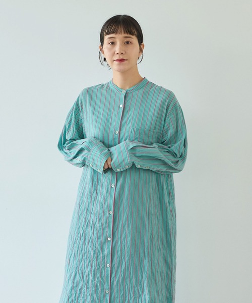 yuni（ユニ　）の「●キュプラポリエステルコットン stripe シャツワンピース（シャツワンピース・レディース・グリーン/アイボリー/パープル・FREE）」の12枚目の写真
