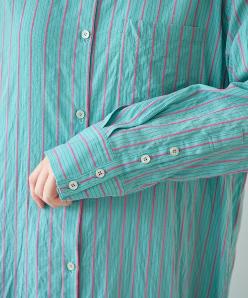 yuni（ユニ　）の「●キュプラポリエステルコットン stripe シャツワンピース（シャツワンピース・レディース・グリーン/アイボリー/パープル・FREE）」の5枚目の写真