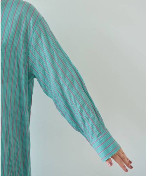 yuni（ユニ　）の「●キュプラポリエステルコットン stripe シャツワンピース（シャツワンピース・レディース・グリーン/アイボリー/パープル・FREE）」の6枚目の写真