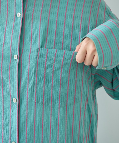 yuni（ユニ　）の「●キュプラポリエステルコットン stripe シャツワンピース（シャツワンピース・レディース・グリーン/アイボリー/パープル・FREE）」の7枚目の写真