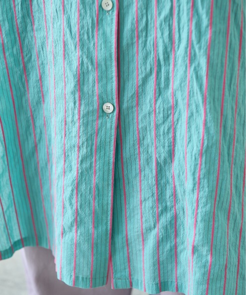 yuni（ユニ　）の「●キュプラポリエステルコットン stripe シャツワンピース（シャツワンピース・レディース・グリーン/アイボリー/パープル・FREE）」の8枚目の写真