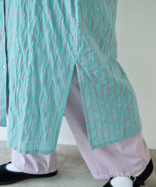 yuni（ユニ　）の「●キュプラポリエステルコットン stripe シャツワンピース（シャツワンピース・レディース・グリーン/アイボリー/パープル・FREE）」の9枚目の写真