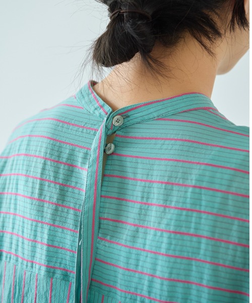 yuni（ユニ　）の「●キュプラポリエステルコットン stripe シャツワンピース（シャツワンピース・レディース・グリーン/アイボリー/パープル・FREE）」の4枚目の写真