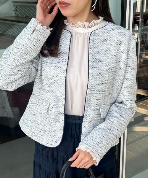 couture brooch（クチュールブローチ）の「【ハレの日・通勤】カルゼスラブツイードジャケット（ノーカラージャケット・レディース・アイボリー/ブルー系その他・36/42/38/40）」の14枚目の写真