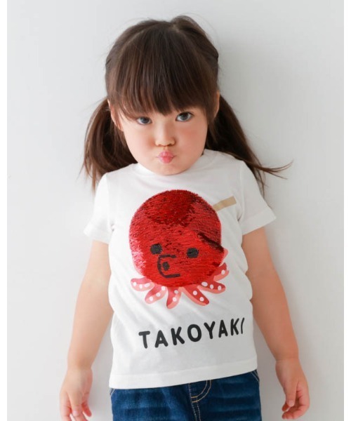 CHEEK ROOM(チークルーム)の「CHEEK ROOM/チークルーム スパンコールたこ焼きTシャツ(Tシャツ/カットソー・キッズ・オフホワイト/イエロー/ピンク・130cm/100cm/120cm/110cm/90cm/80cm)」の2枚目の写真